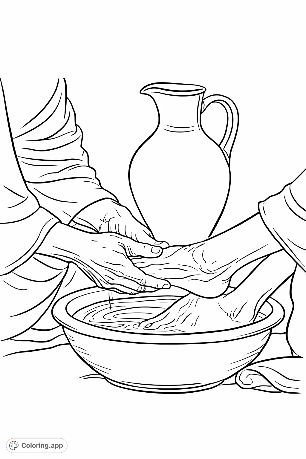 A touching scene of hands washing feet in a basin, symbolizing humility and service. Features a pitcher and cloth, perfect for thoughtful reflection.
