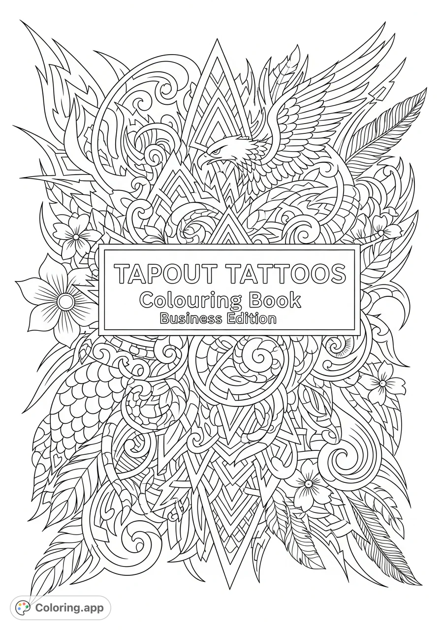 Unleash your creativity with this intricate tattoo-themed front page coloring book. Features bold text and elaborate, unique designs perfect for adults.