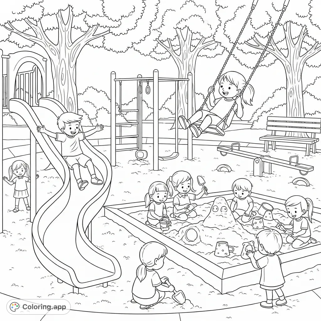 A cheerful park scene featuring children joyfully playing on slides, swings, and in a sandbox. A delightful free printable playground coloring page for kids.