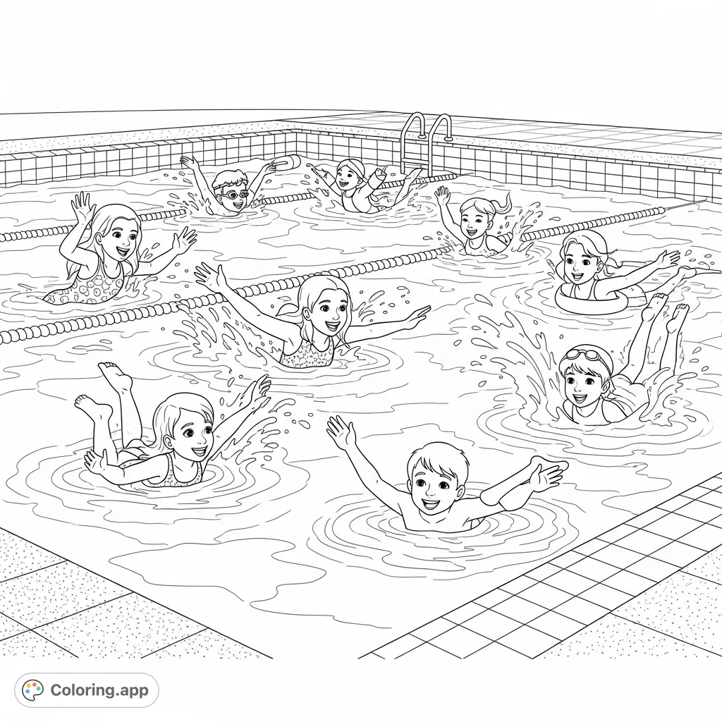 Dive into fun with this lively swimming pool coloring page! Girls and boys joyfully splash and swim, perfect for summer fun and creative expression.
