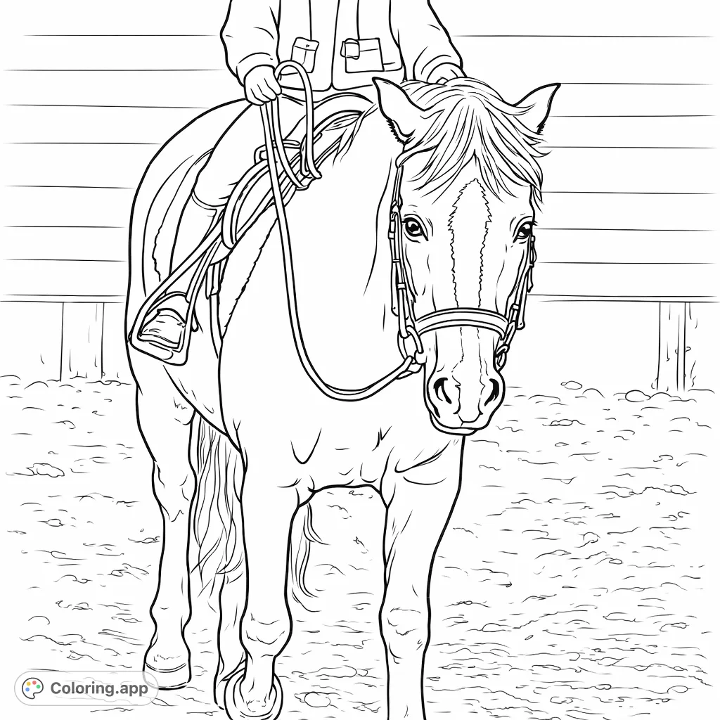 An engaging horse riding coloring page featuring a majestic horse and its rider, perfect for equestrian enthusiasts of all ages. Detailed and ready for your creative touch!