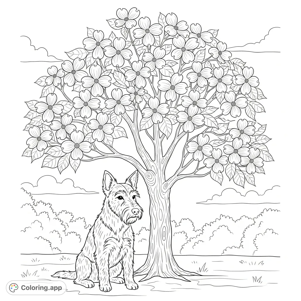 A charming terrier relaxes under a blooming dogwood tree, inviting colorists to bring this serene natural scene to life. Perfect for animal and nature lovers.