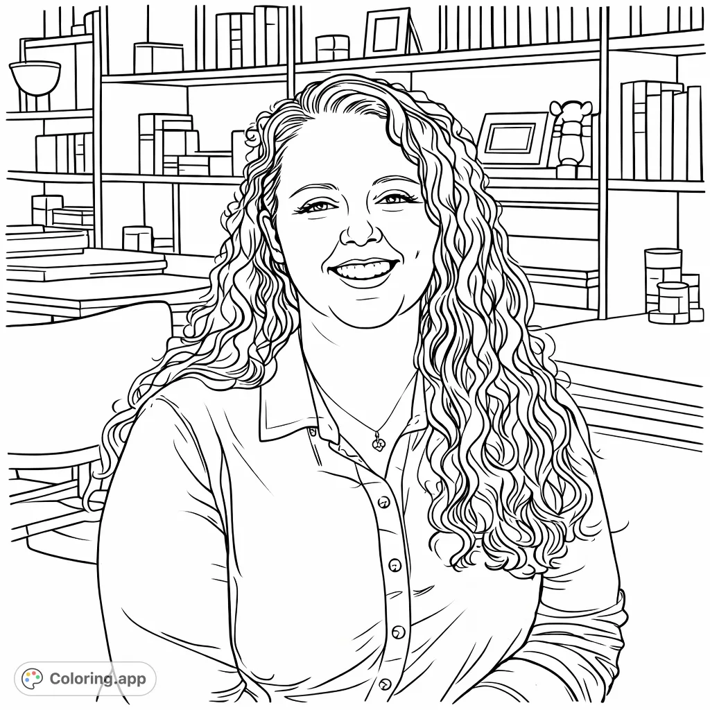 A cheerful woman with flowing hair and a warm smile, set against a backdrop of bookshelves. Perfect for adding your personal touch to a welcoming portrait.