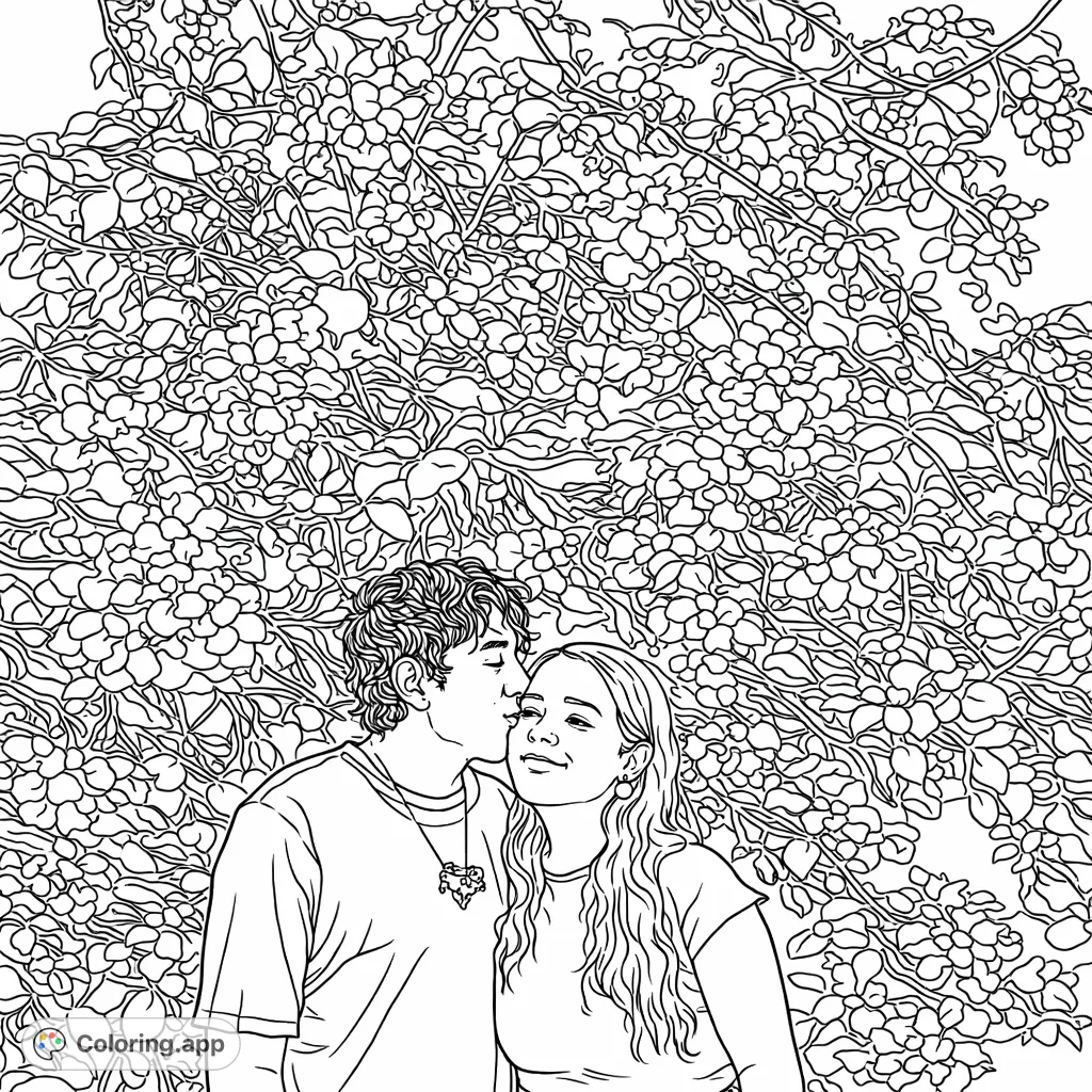 Capture a tender moment between a couple amidst a lush floral backdrop. Perfect for celebrating love and connection with vibrant hues.