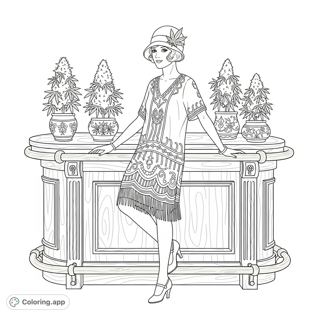 A stylish 1920s woman in a dropped-waist dress poses at an ornate bar counter with cannabis plants. Features intricate beadwork, finger waves, and a cloche hat.