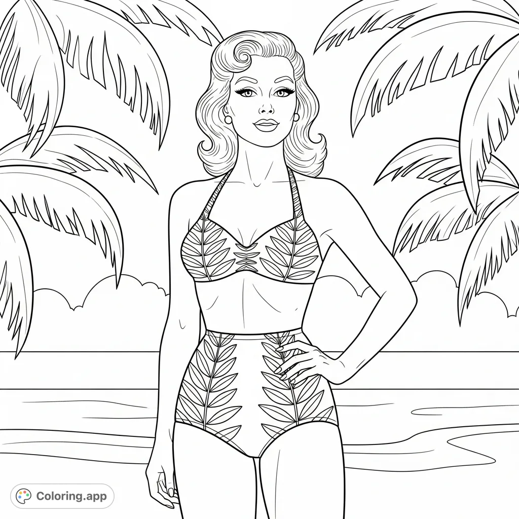 A confident 50s pinup model in a leaf-patterned two-piece bikini poses on a stylized beach, perfect for adult colorists exploring vintage charm.