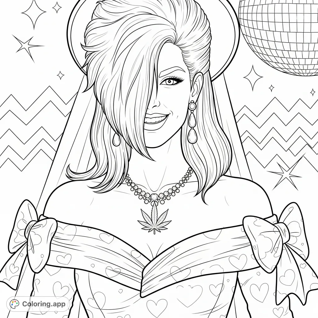 Step back into the 80s with this unique bride. Featuring a teased hairstyle, ruched dress, pearl earrings, and a distinctive cannabis leaf pendant.