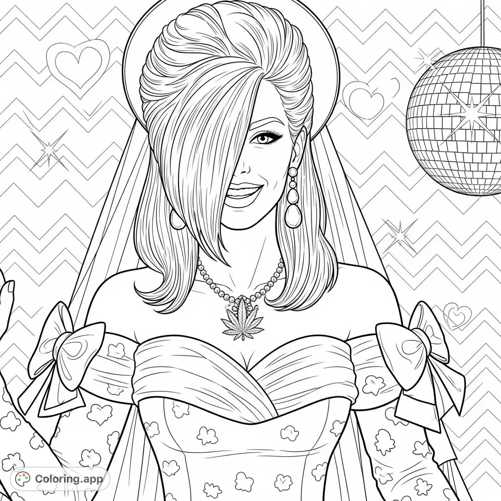 Embrace retro glam with this 80s bride coloring page, featuring a voluminous teased hairstyle, ruched dress, and unique cannabis leaf pendant.