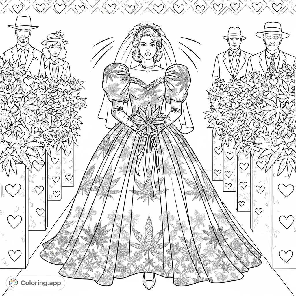 Step back to the 80s with this unique bride. Her gown features a cannabis leaf jacquard, complemented by a cannabis flower bouquet and a leafy aisle.