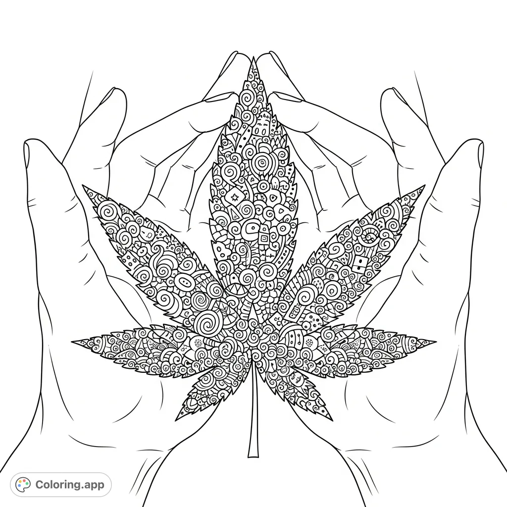 Discover a unique cannabis leaf hands coloring page, featuring symmetrically posed hands forming a distinct leaf shape filled with intricate abstract doodles.