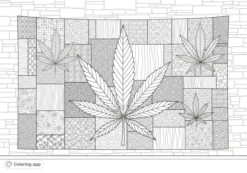 An intricate coloring page featuring an abstract cannabis leaf tapestry with diverse textures and geometric patterns, perfect for adult colorists.