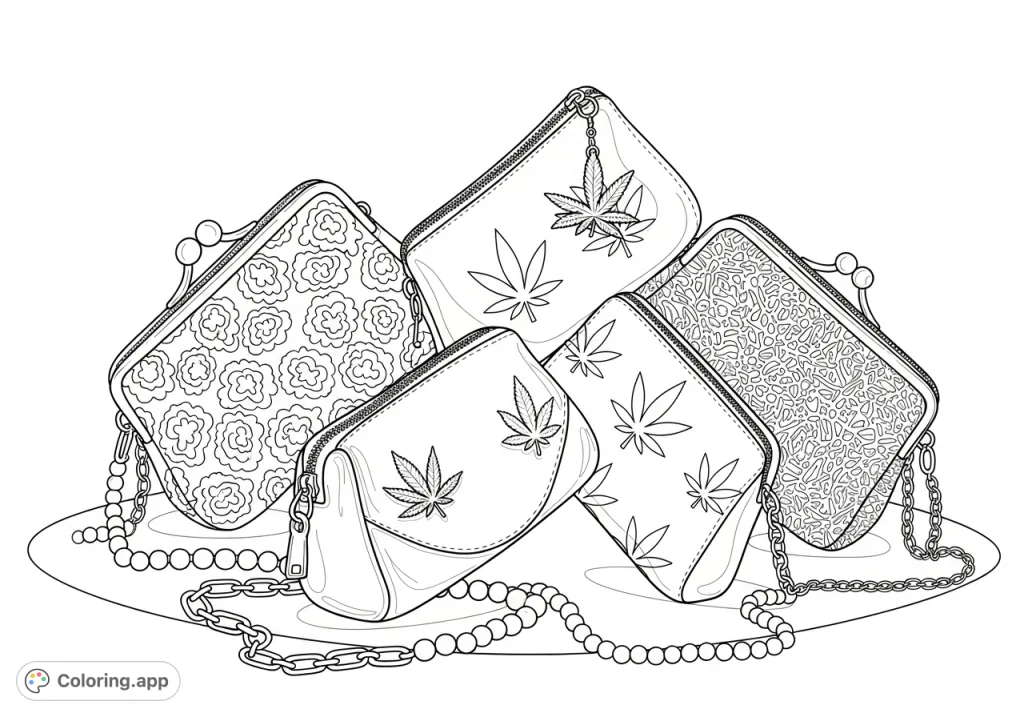 An intriguing abstract composition featuring five detailed purses, adorned with a marijuana leaf charm, cannabis flower emblems, and intricate patterns, intertwined with metallic chains and pearls.