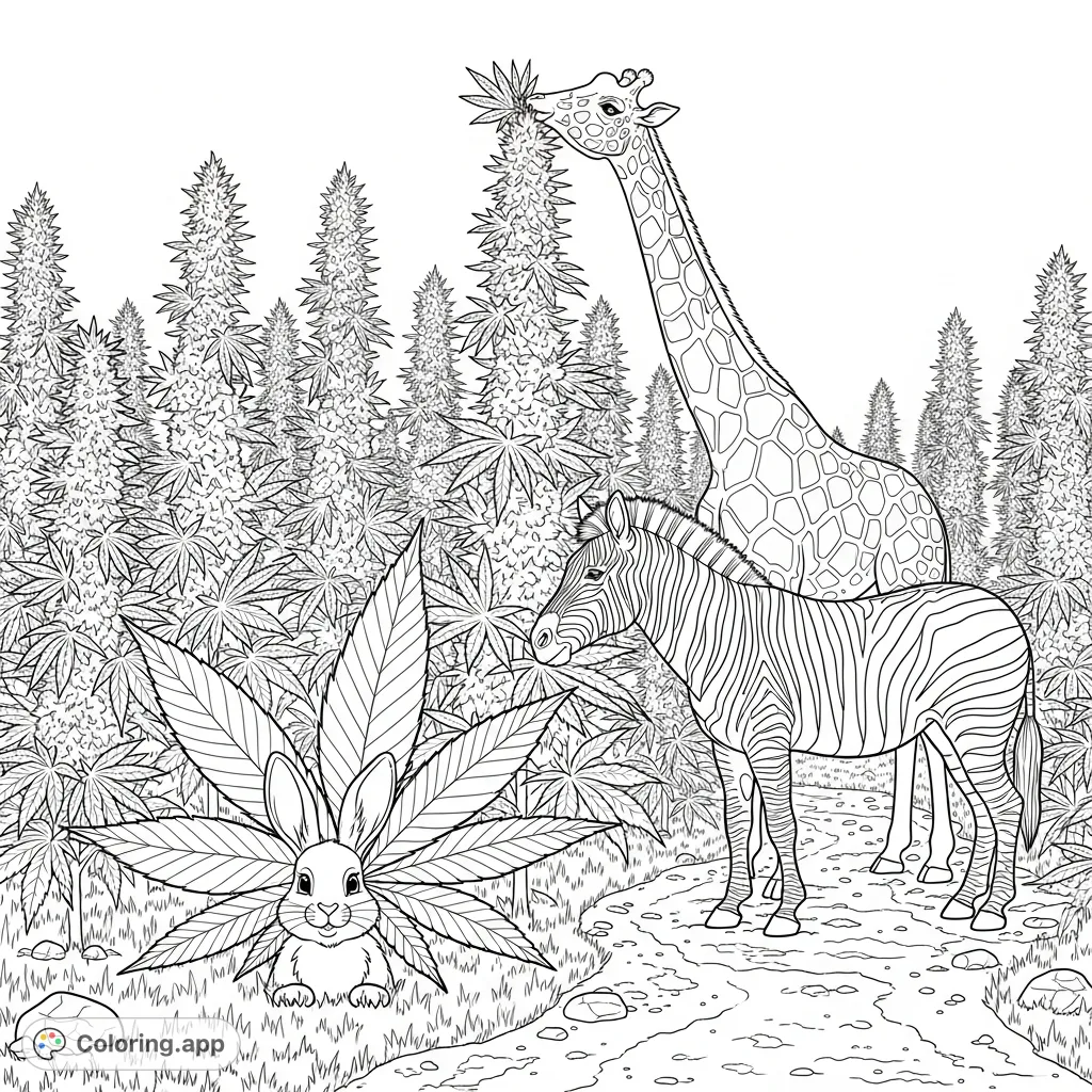 A unique coloring page featuring diverse animals like a giraffe, zebra, and rabbit exploring a dense field of towering cannabis plants along a winding path. Engaging and detailed.