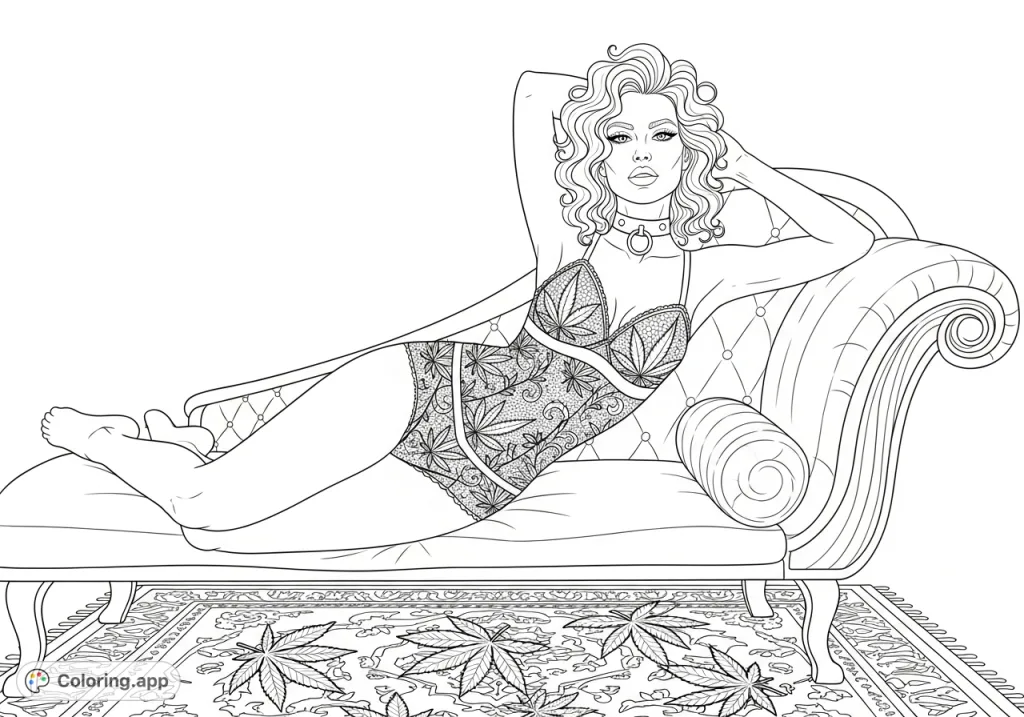 Discover an Art Deco cannabis coloring page featuring a confident woman in intricate lace lingerie with cannabis leaf patterns on a luxurious chaise lounge.