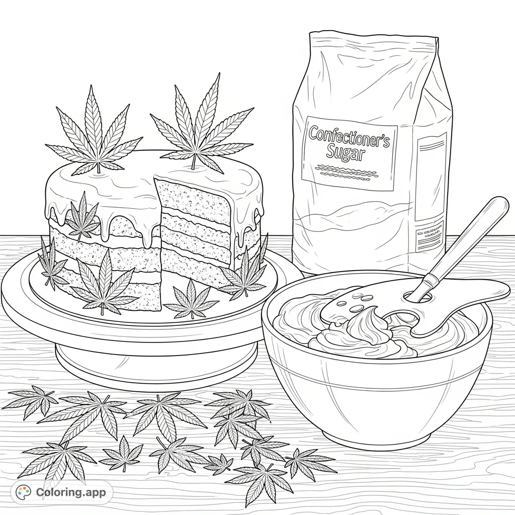 A detailed close-up of a baker's workstation featuring a partially decorated cake, green-tinted frosting, and scattered cannabis leaf cutouts.