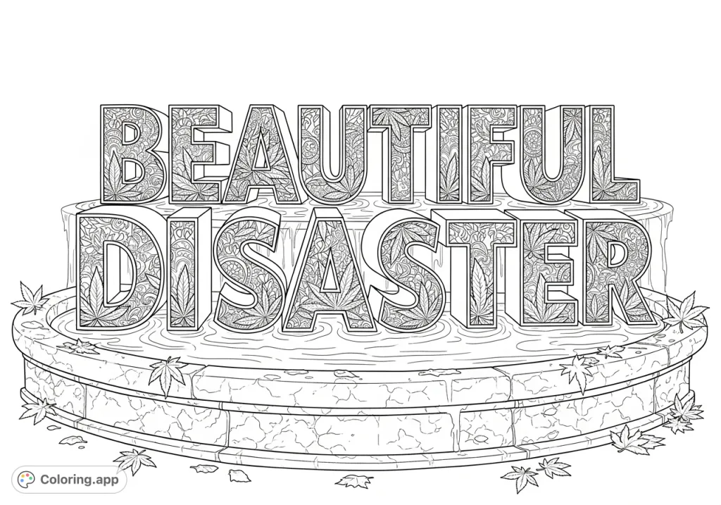 Color 'Beautiful Disaster' as elegant sculptural letters adorned with cannabis leaves and lace, resting in a forgotten fountain. A unique and intricate coloring page.