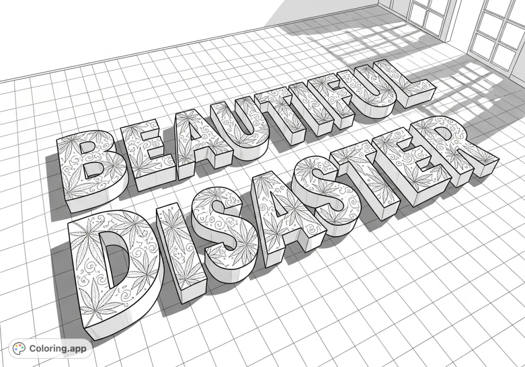 An intricate coloring page featuring the words "Beautiful Disaster" as sculptural letters, embossed with cannabis leaves and delicate lace patterns on a tiled floor.