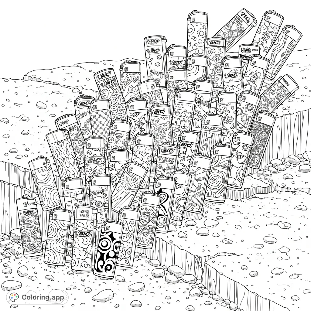 Explore a dynamic composition of dozens of Bic lighters tumbling across a textured concrete slab, adorned with intricate patterns from tribal to retro comic art.