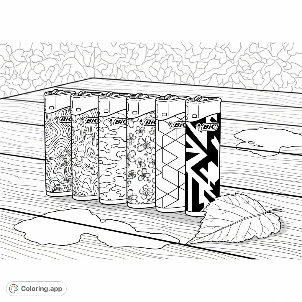 Discover a detailed Bic lighters coloring page featuring five unique designs on a rustic picnic table with a fallen leaf and blurred garden backdrop.