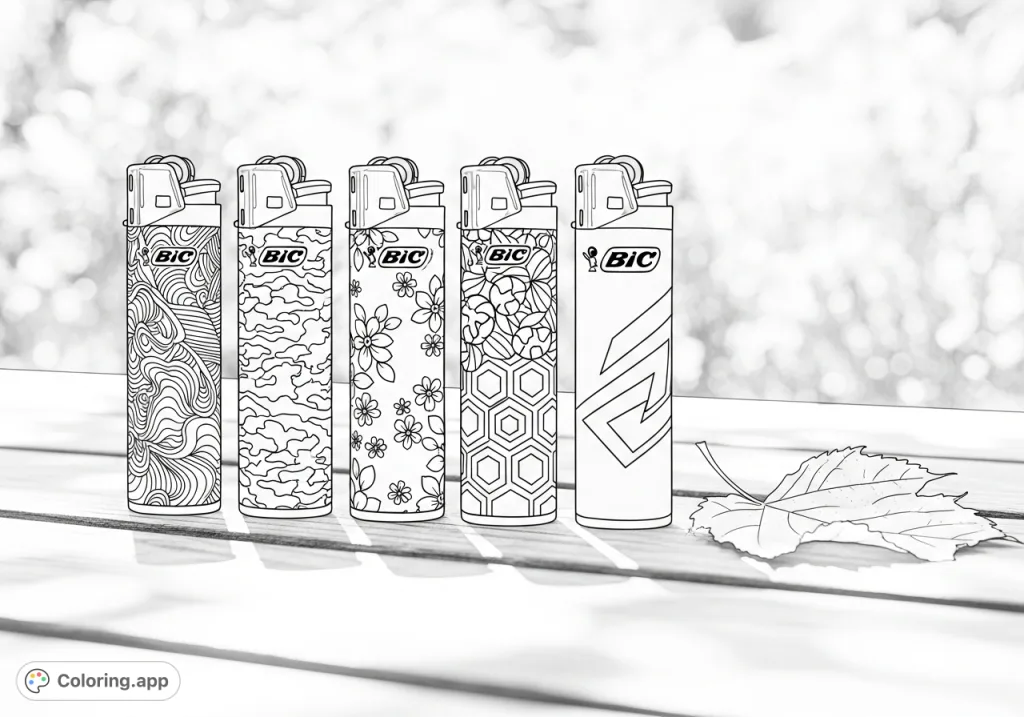 Discover a unique Bic lighters coloring page featuring five lighters with intricate designs on a rustic picnic table, ideal for detailed coloring.