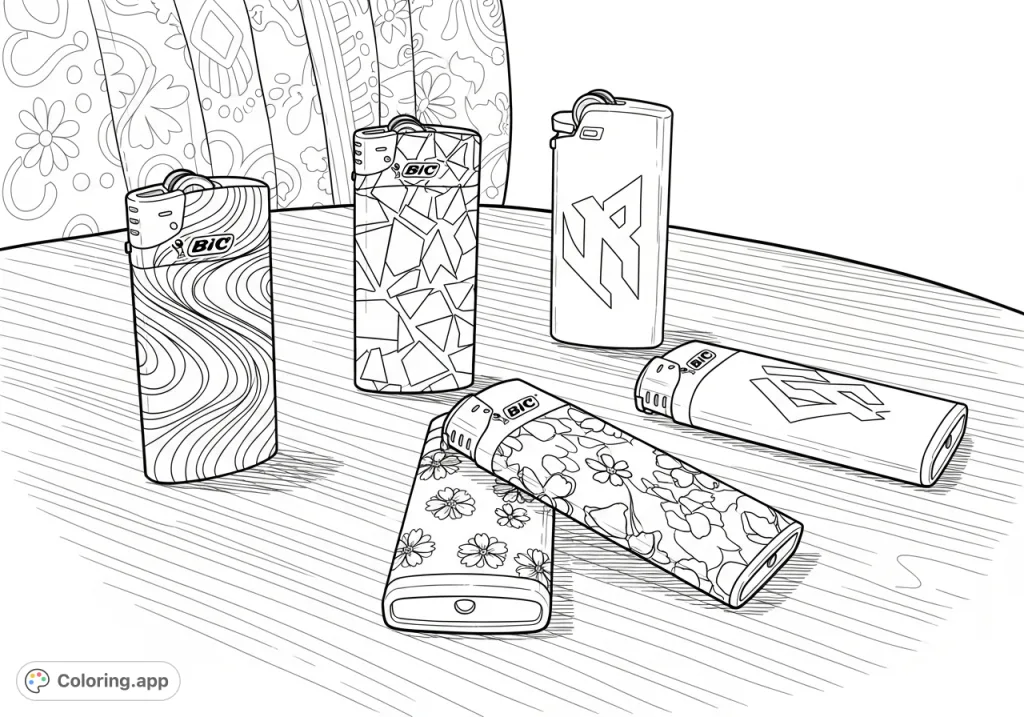 Explore a unique Bic lighters coloring page featuring five distinctively patterned lighters on a wooden table, set against a softly draped, intricate fabric. A fun challenge!