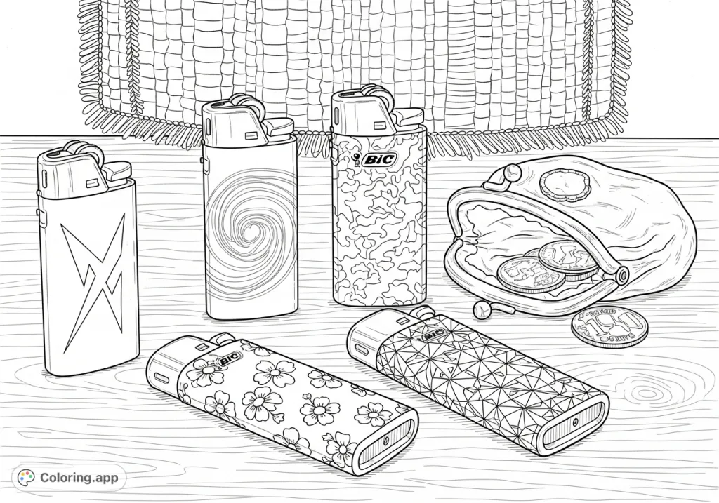 Discover a unique Bic lighters coloring page featuring various patterns on a vintage wooden tabletop with a worn leather coin purse and old coins. A detailed adult coloring page.
