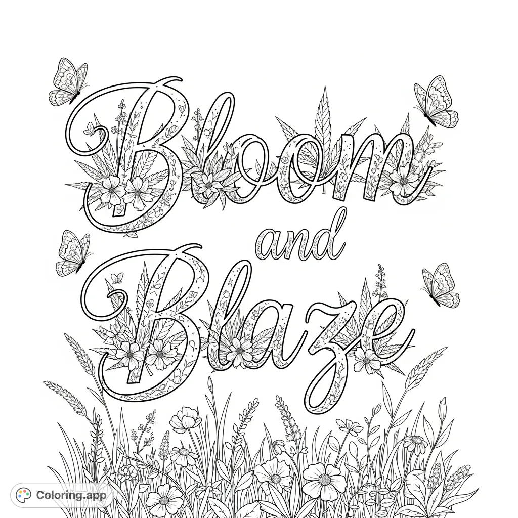 An elegant script spells 'Bloom and Blaze', adorned with intricate cannabis foliage and feminine flowers, floating above a whimsical garden with butterflies.