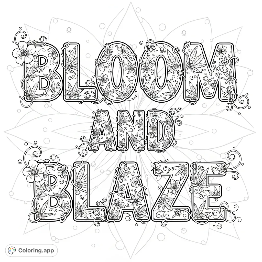 A unique 'Bloom and Blaze' coloring page featuring bold text filled with intricate cannabis leaf and blossom patterns, set against a floral background with shimmering dew drops.