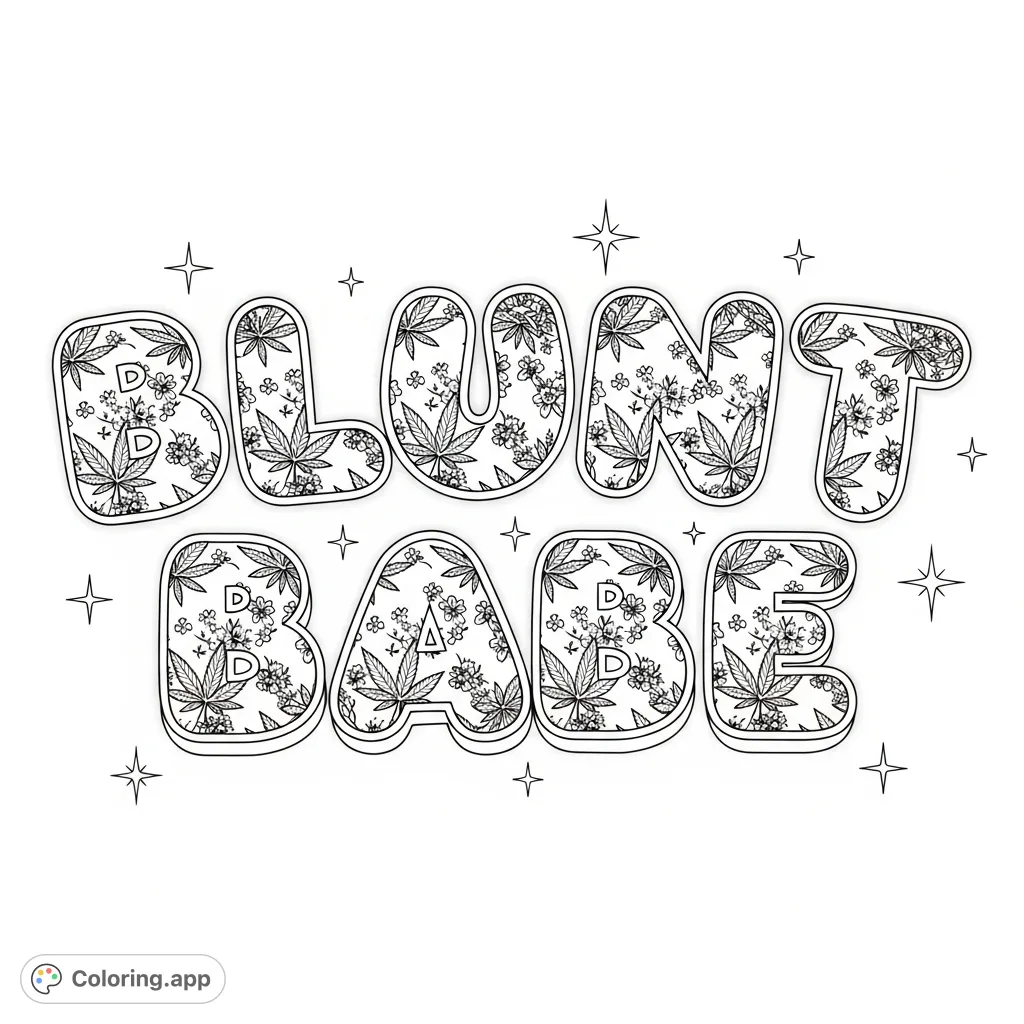 A "Blunt Babe" coloring page featuring dimensional bubble letters filled with intricate cannabis leaf and blossom patterns, framed by an ethereal glow and starbursts.