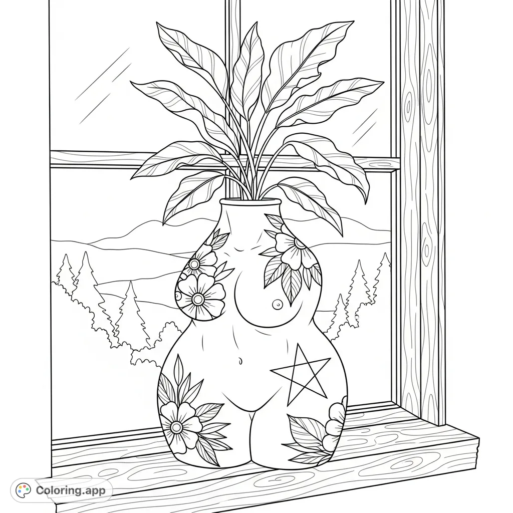 Color a unique body-positive vase adorned with intricate botanical tattoos and a prominent star, sprouting a leafy plant on a rustic windowsill, overlooking distant trees.