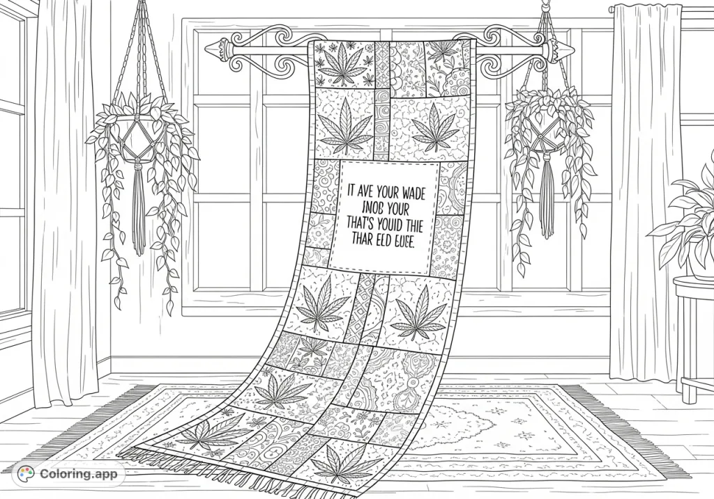 An intricate textile banner, adorned with cannabis leaves and feminine patterns, hangs in a sunlit bohemian room, featuring a charming central quote.