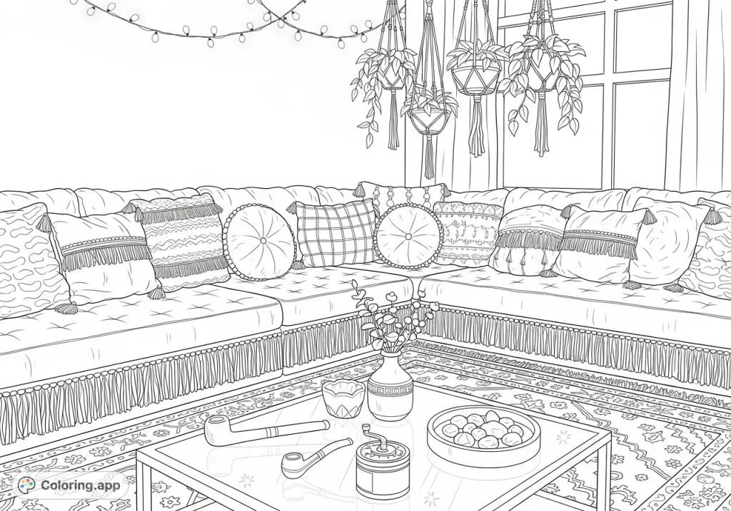 Explore a detailed bohemian room with a plush sofa, intricate rug, and mirrored coffee table. Lush plants and fairy lights create a cozy, decorative atmosphere.