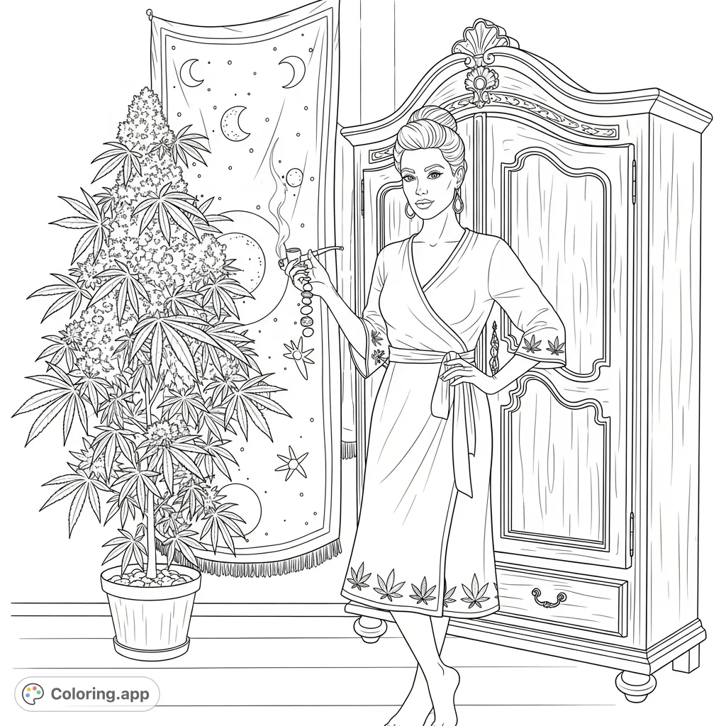 Capture a captivating woman in a bohemian studio, featuring a carved armoire, a cannabis plant, and celestial tapestry. An artistic, adult coloring page.