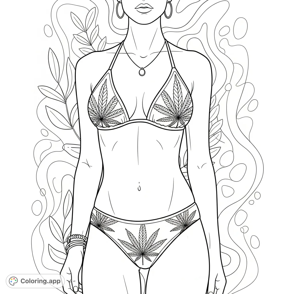 A detailed cannabis bikini coloring page featuring a confident woman in a bold swimsuit adorned with distinct leaf patterns, set against an abstract backdrop.