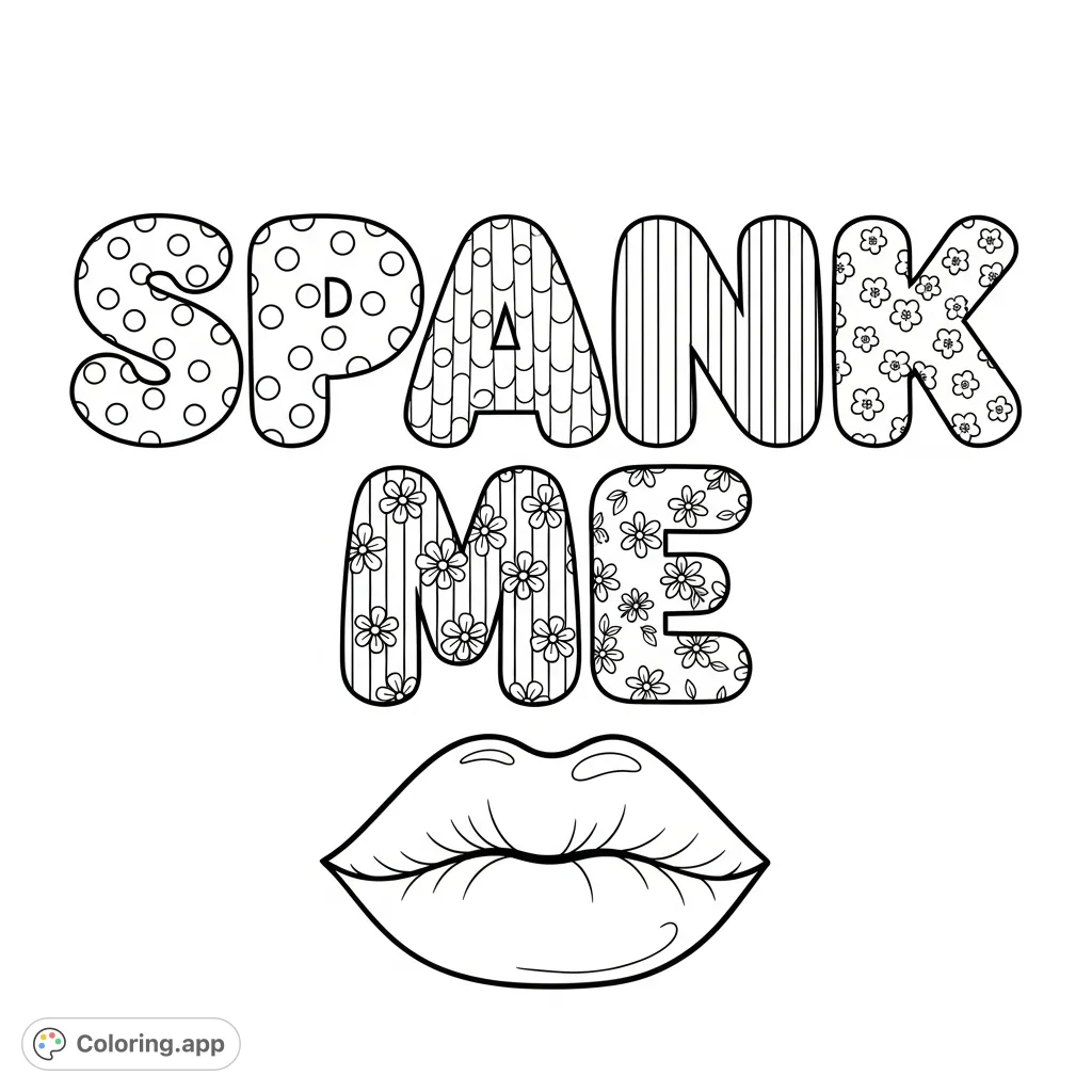 A bold 'SPANK ME' in patterned bubble letters with expressive lips below creates a provocative coloring page. Perfect for adults seeking unique and edgy designs.