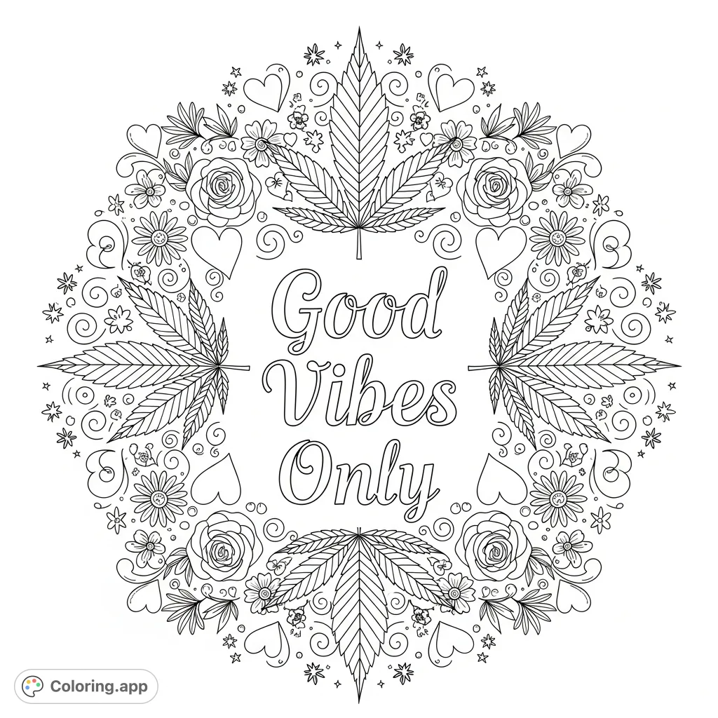 A stylish 'Good Vibes Only' quote framed by cannabis leaves, delicate flowers, and charming decorative elements, perfect for a relaxing adult coloring experience.