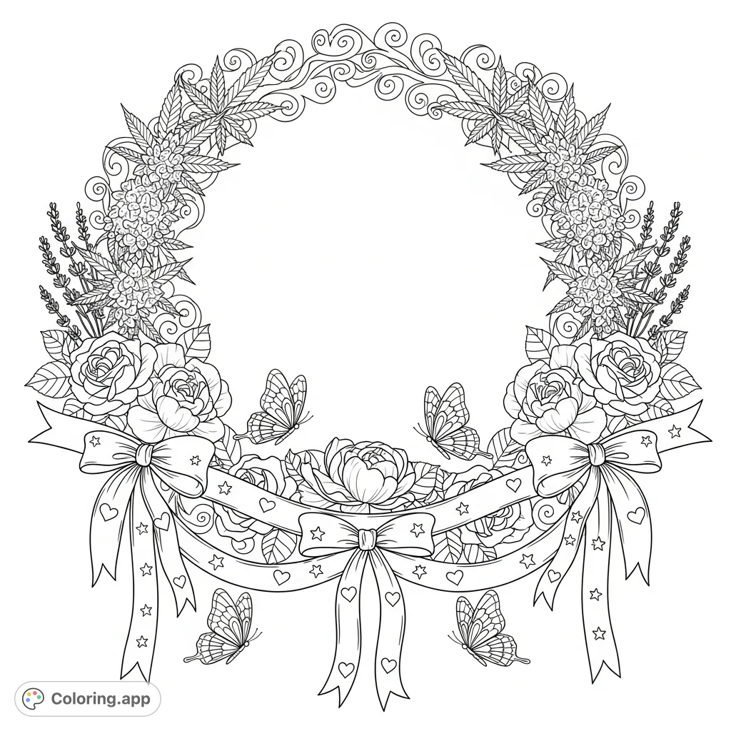 An intricate botanical coloring page featuring cannabis leaves, plump buds, roses, peonies, lavender, and butterflies framed by a decorative ribbon.