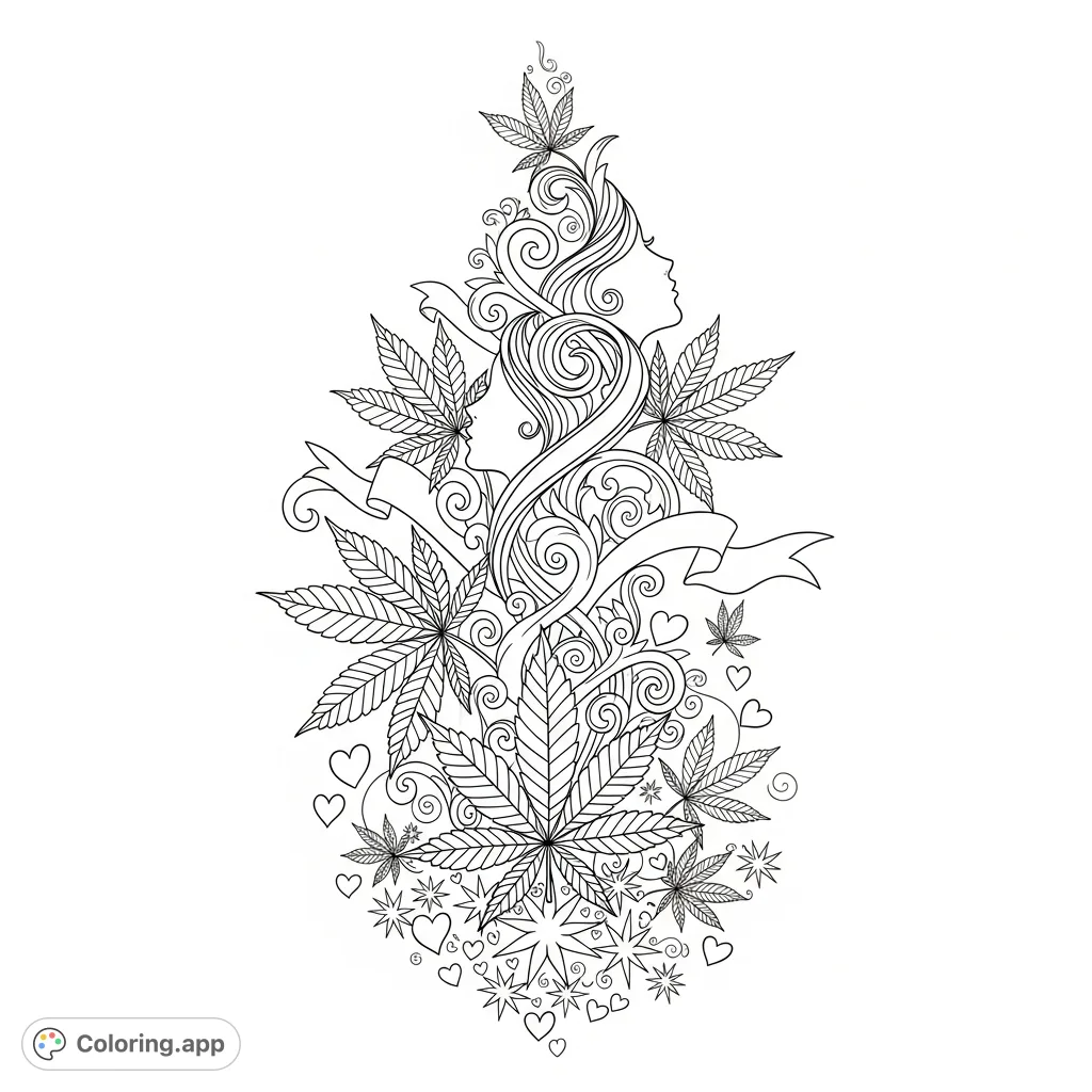 An intricate botanical design featuring broad cannabis leaves, delicate vines, feminine scrollwork, and hidden profiles, all rising from a base of starbursts and hearts.