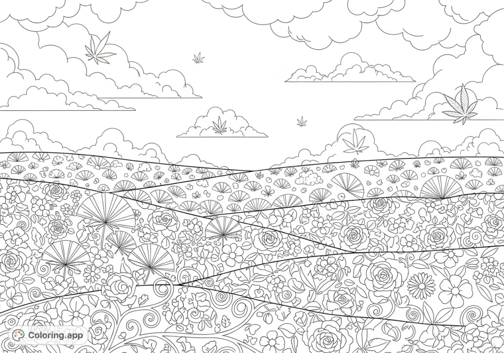 Explore a dreamy landscape where rolling hills boast intricate floral patterns intertwined with fan-shaped cannabis leaves and buds, beneath a sky of subtle cannabis-shaped clouds.