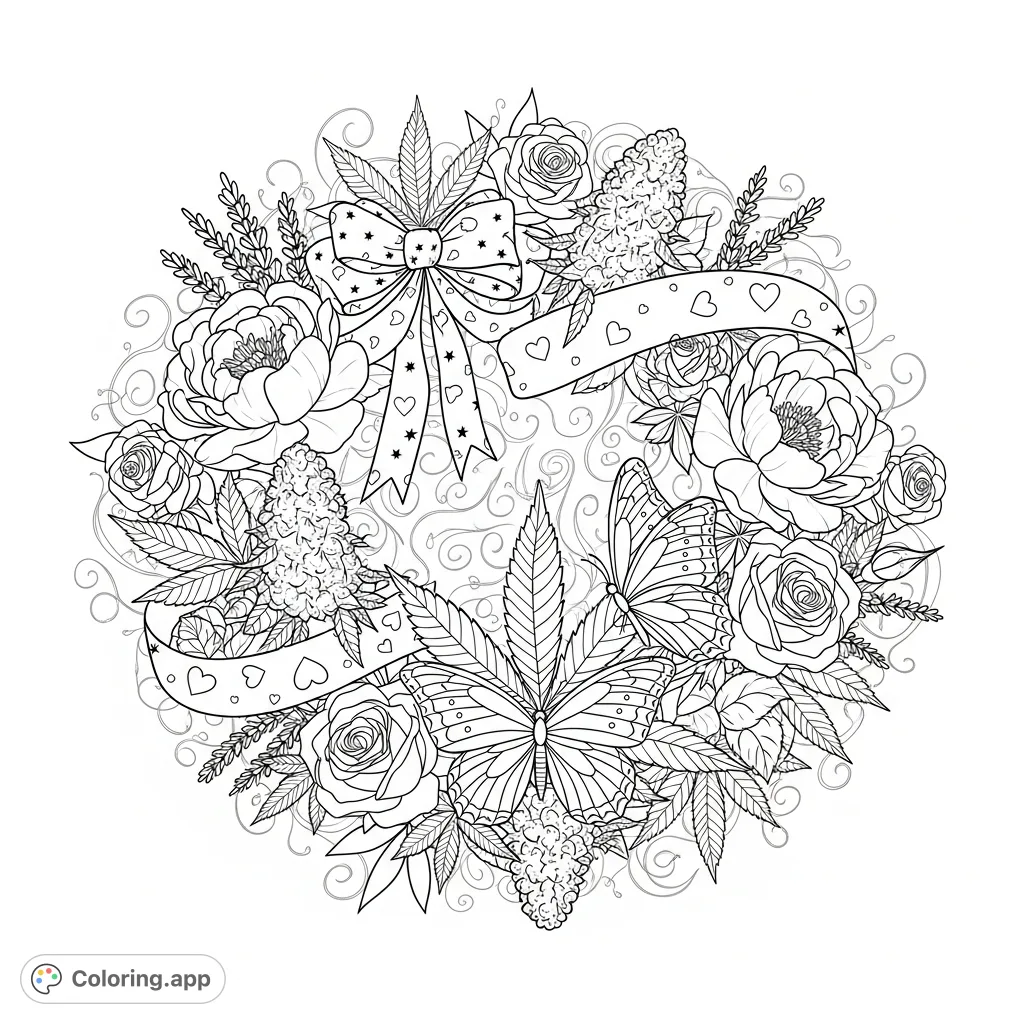 An intricate botanical cannabis floral coloring page featuring lush leaves, buds, roses, peonies, lavender, delicate butterflies, and a detailed ribbon.