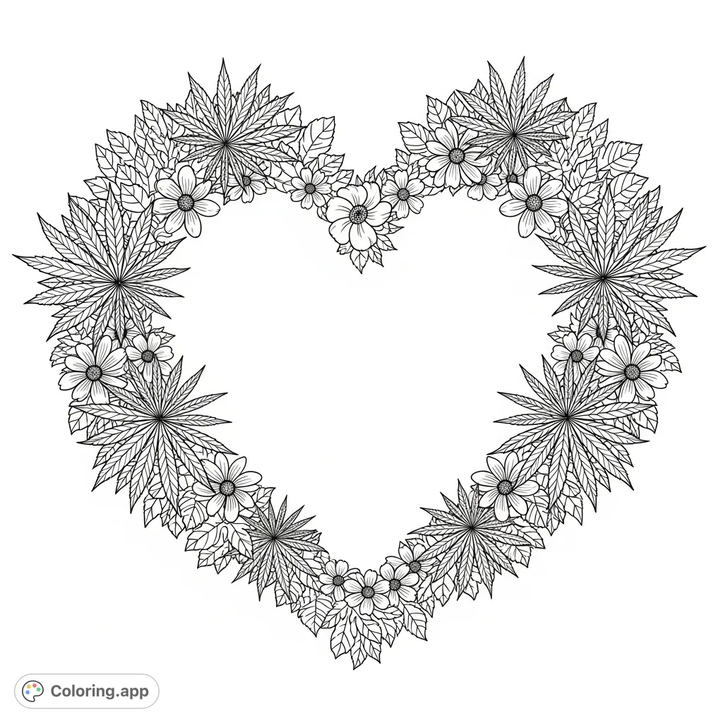 An intricate heart-shaped frame crafted from densely intertwined cannabis plants, diverse flowers, and lush leaves. Perfect for detailed coloring!