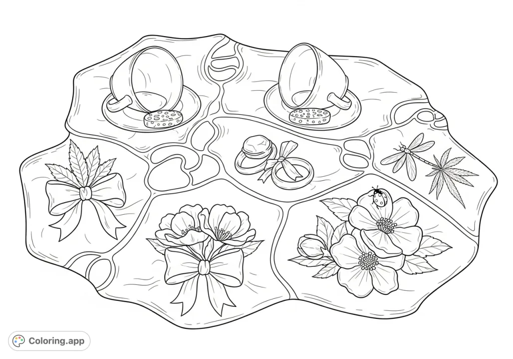 An intricate cannabis motifs coloring page featuring a detailed fabric mosaic with teacups, blossoms, ladybugs, and dragonflies, perfect for adult colorists.