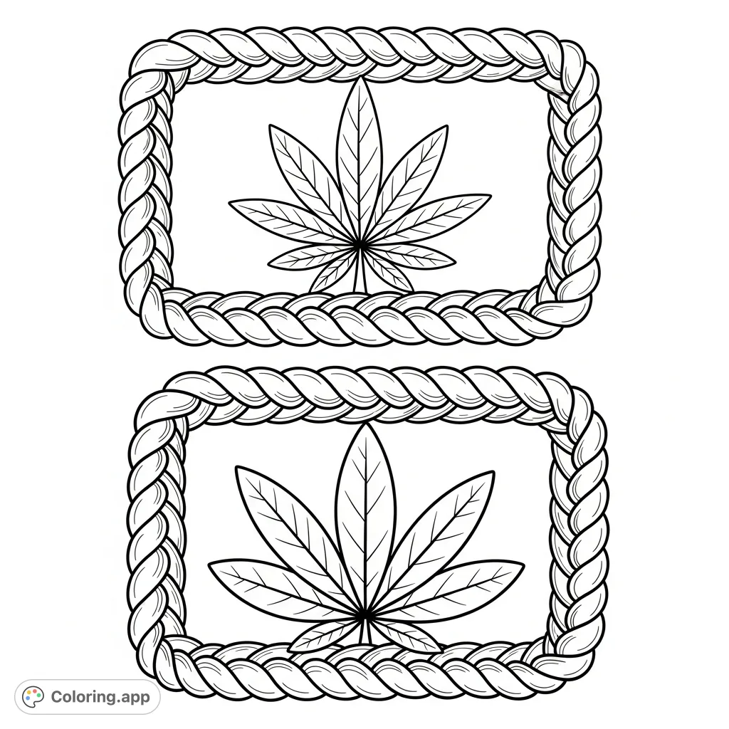 Explore intricate botanical details with this cannabis sativa and indica coloring page, featuring two distinct leaf designs framed by a detailed braided cord.