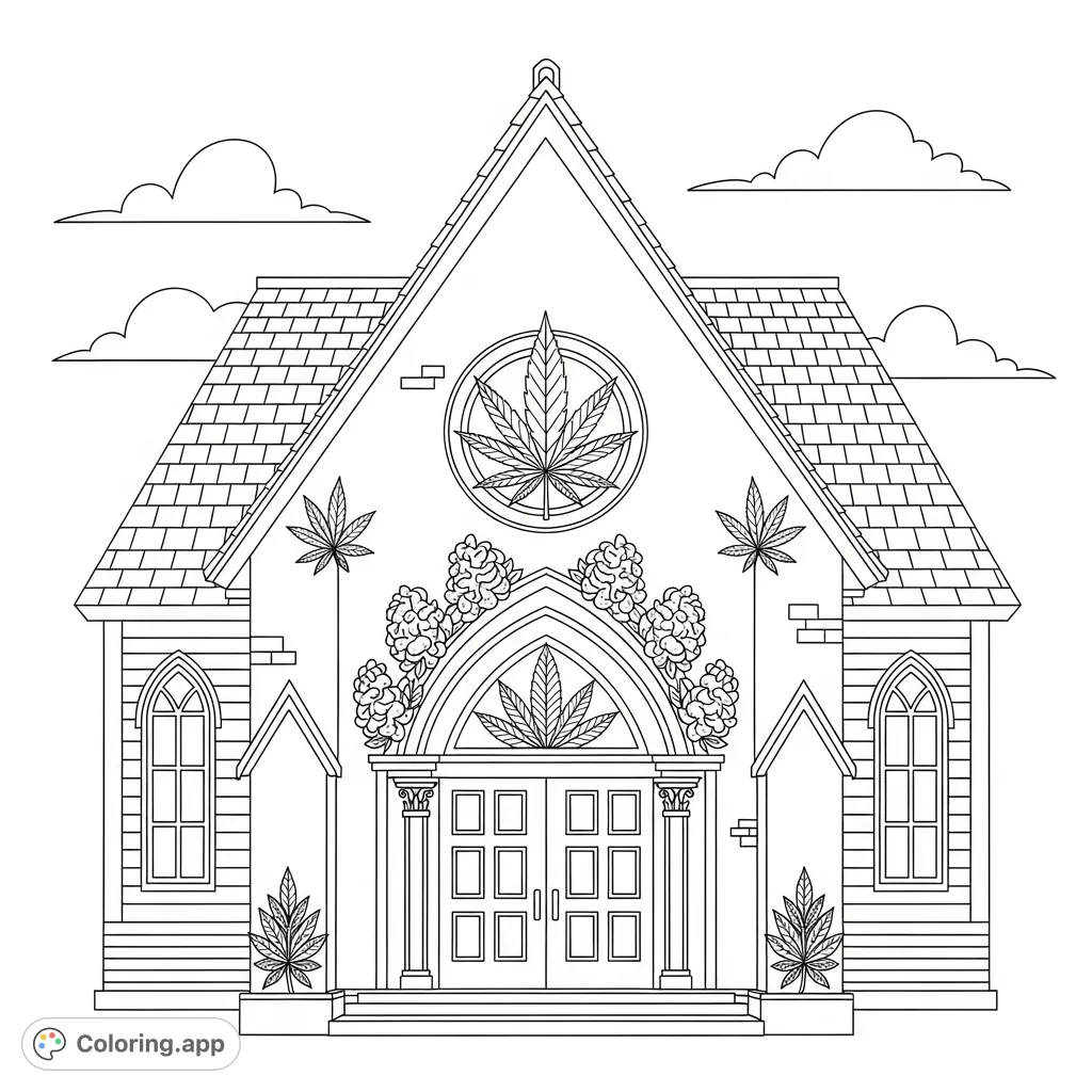 Color a unique church building featuring a prominent gable-end entrance adorned with subtly integrated cannabis leaf and bud motifs and textured shingle roof.