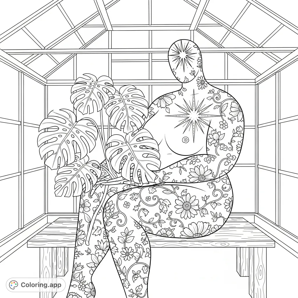 Discover a majestic figure adorned with floral patterns, seated in a sunlit greenhouse, cradling a thriving monstera plant. A serene and detailed botanical scene for coloring.