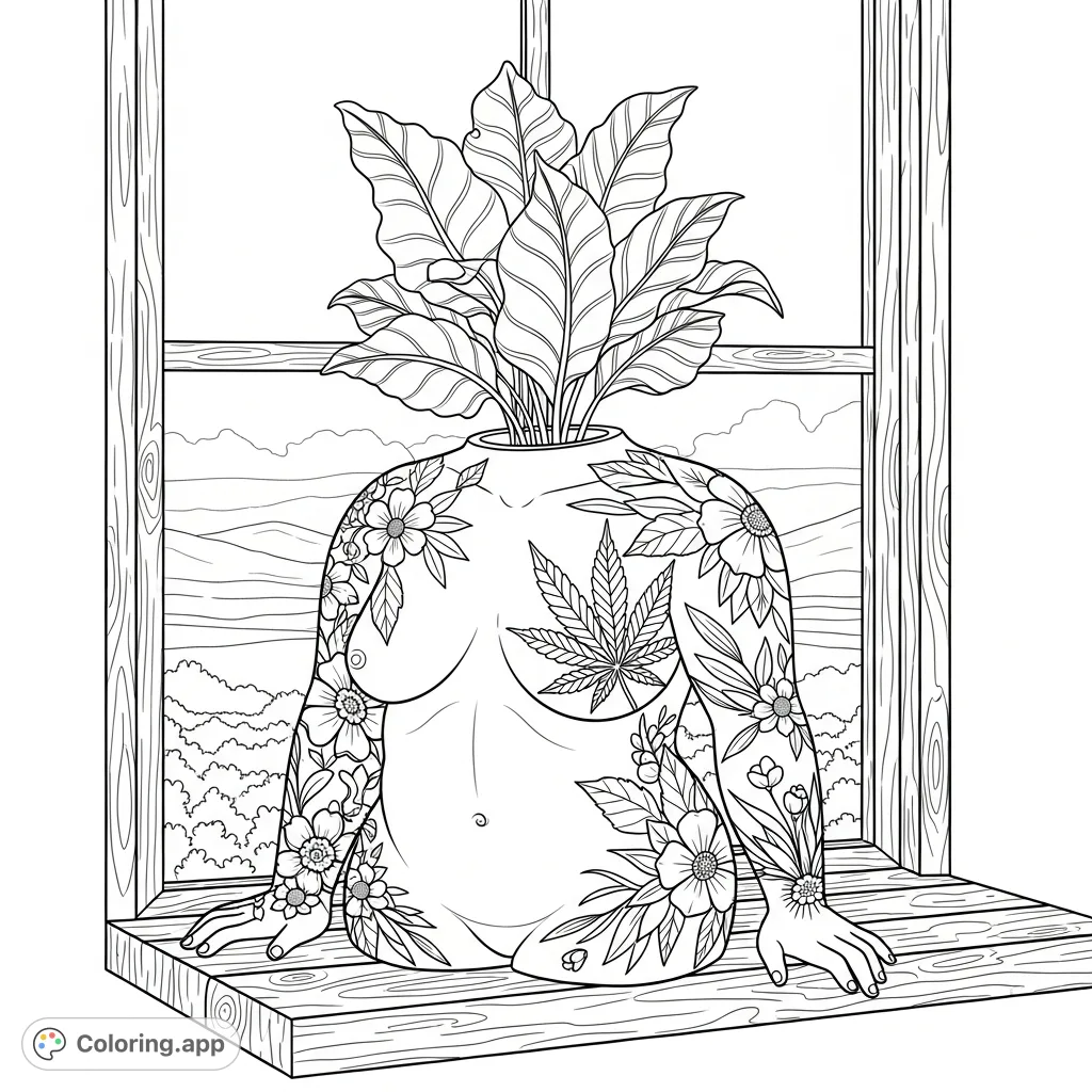 Discover a unique body-positive art piece resting on a rustic windowsill, adorned with intricate botanical and prominent cannabis patterns. A leafy plant sprouts from its opening.