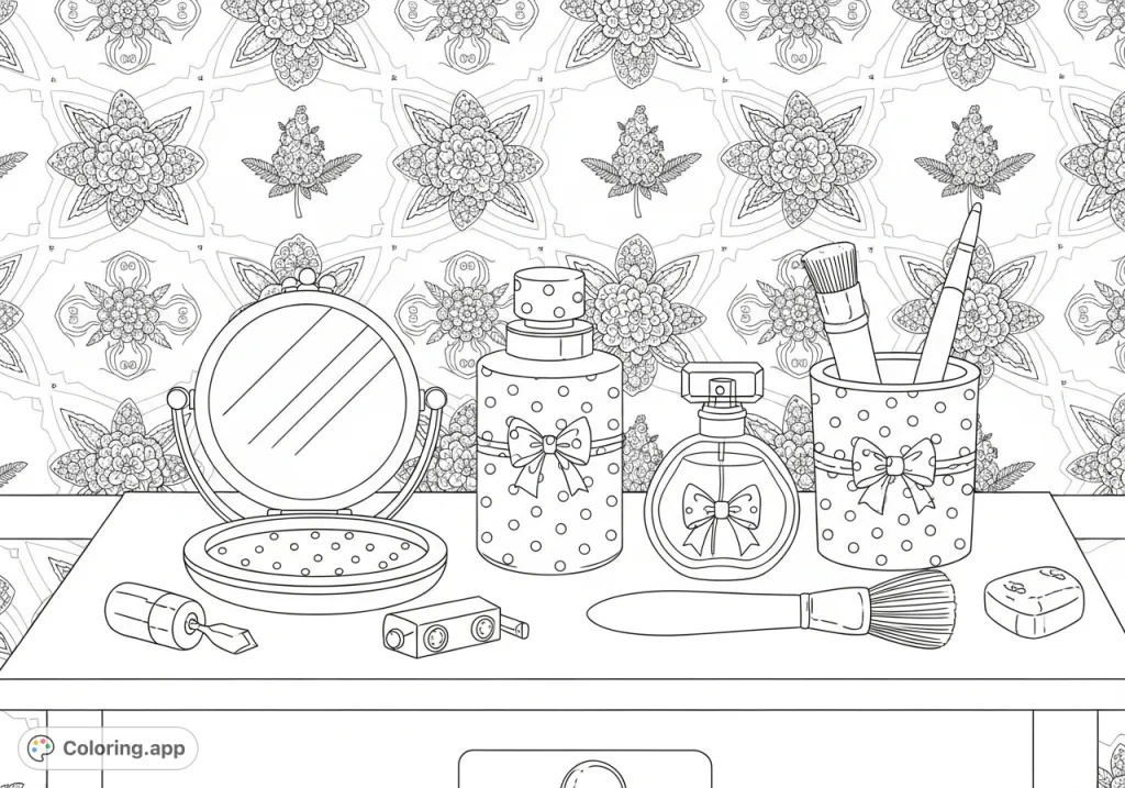 Discover a unique botanical vanity table coloring page, featuring intricate cosmetic items, delicate patterns, and subtle cannabis leaf designs.