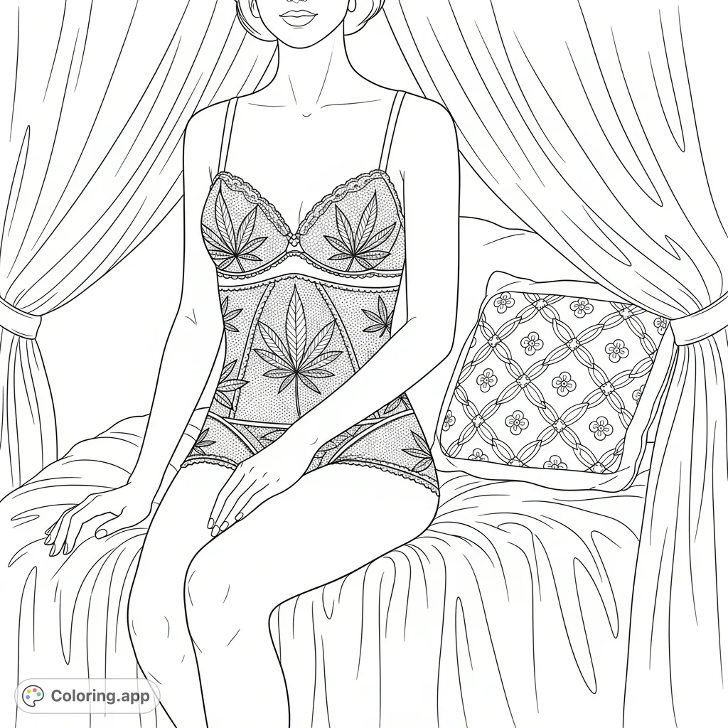 An elegant woman in lace lingerie with cannabis leaf motifs sits on a draped bed, embodying an intimate boudoir aesthetic for adult coloring enthusiasts.