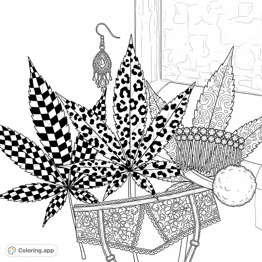 Discover a sophisticated cannabis leaf coloring page featuring intricate patterns, delicate lace, sparkling rhinestones, and boudoir accessories, perfect for adult colorists.