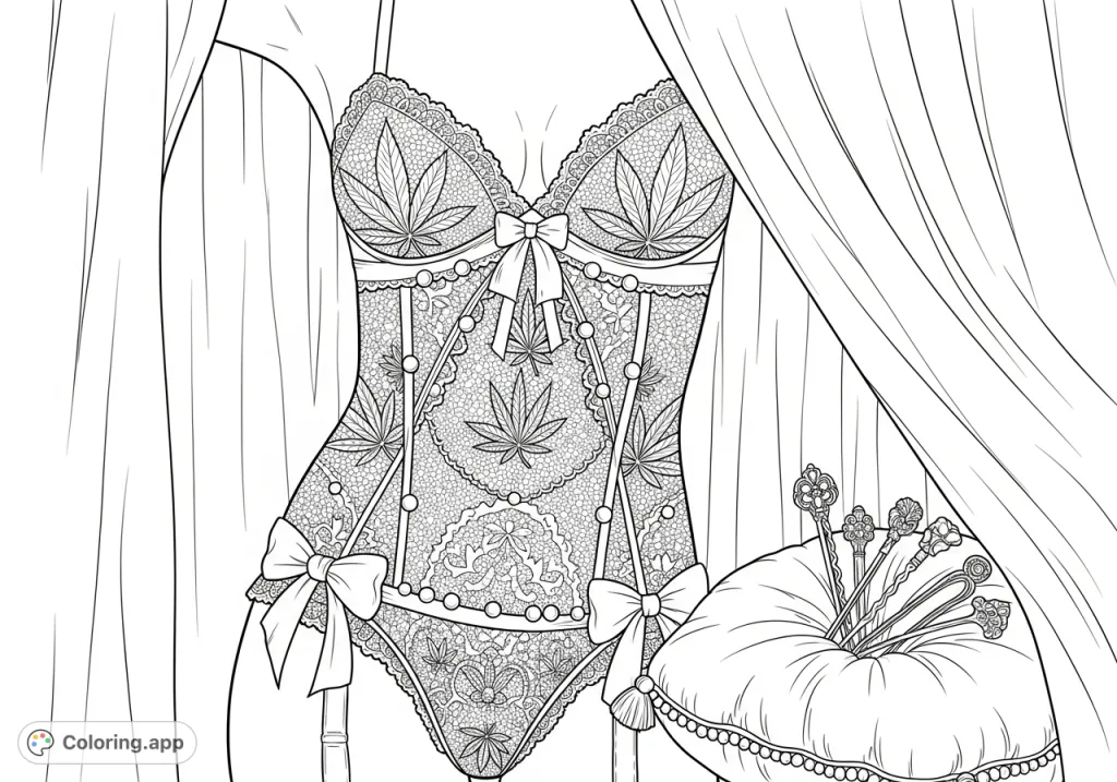 Discover a sophisticated boudoir coloring page featuring a woman's torso, intricate lace lingerie with cannabis leaf patterns, pearls, and satin bows. A challenge for adult colorists.